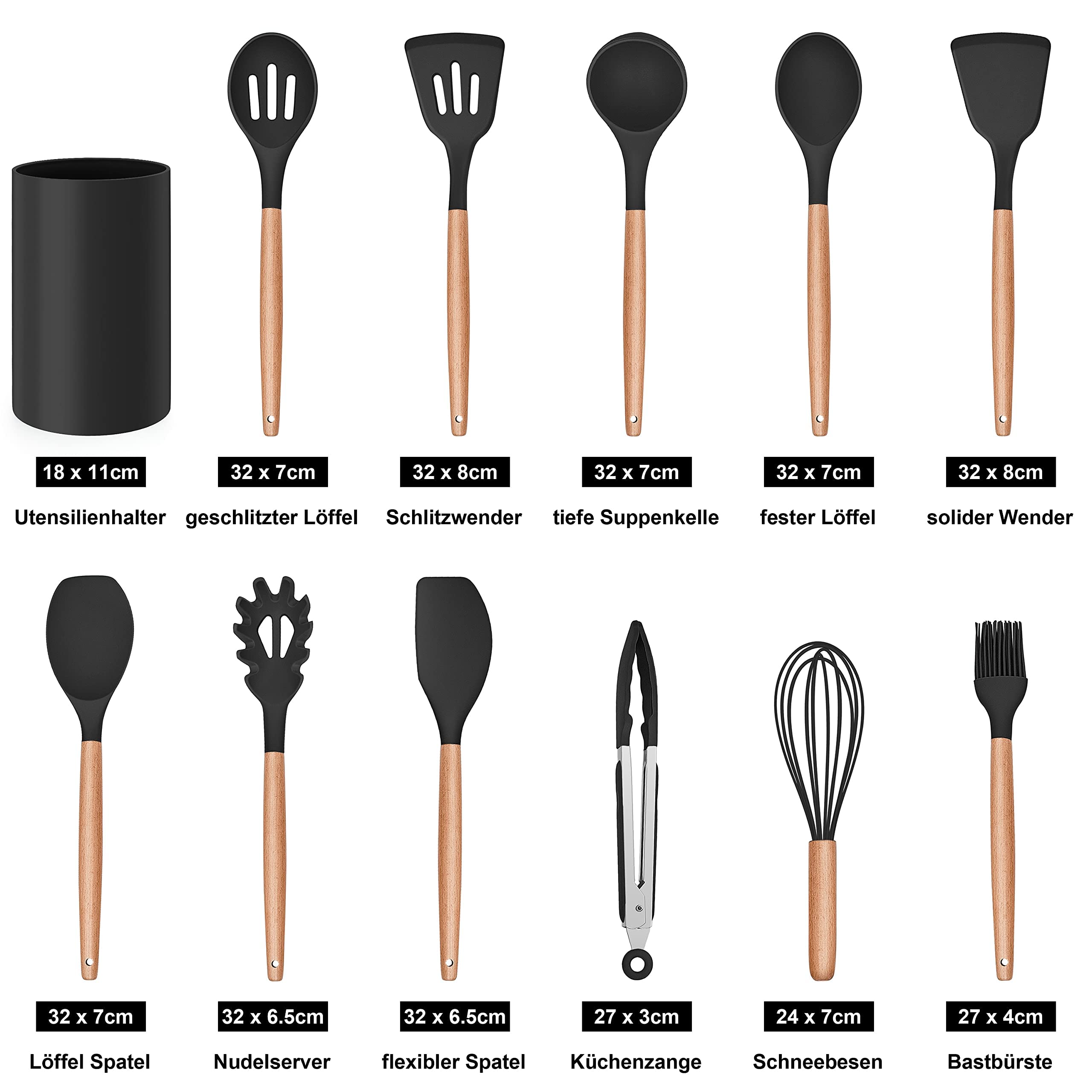VIO Kitchen Utensil Set,12 Piece Cooking Utensils Set, Heat Resistant Cookware Set with Wooden Handle, Non-Stick Kitchen Utensils, Kitchen Set with Holder, Spatula Set with Spatula Tongs (BLACK)