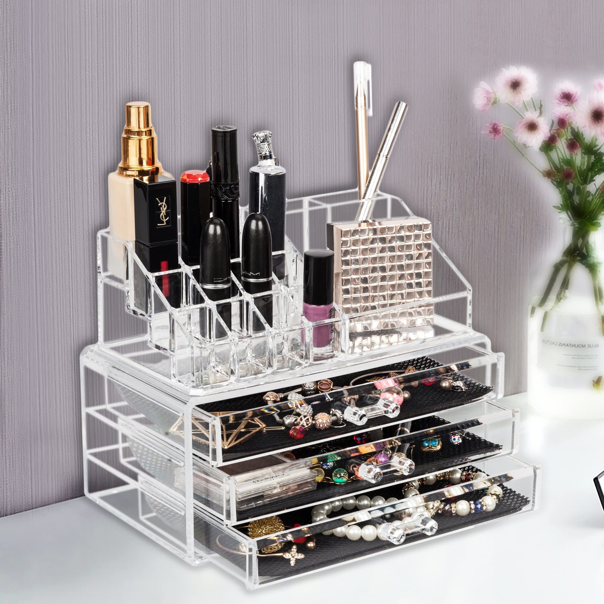 VIO 3 Drawers Cosmetic Storage Organizer Makeup Storage Stackable Cosmetic Organizer Drawers Jewelry Display Box Clear Large Cosmetics Case for Bathroom, Dresser, Vanity and Countertop