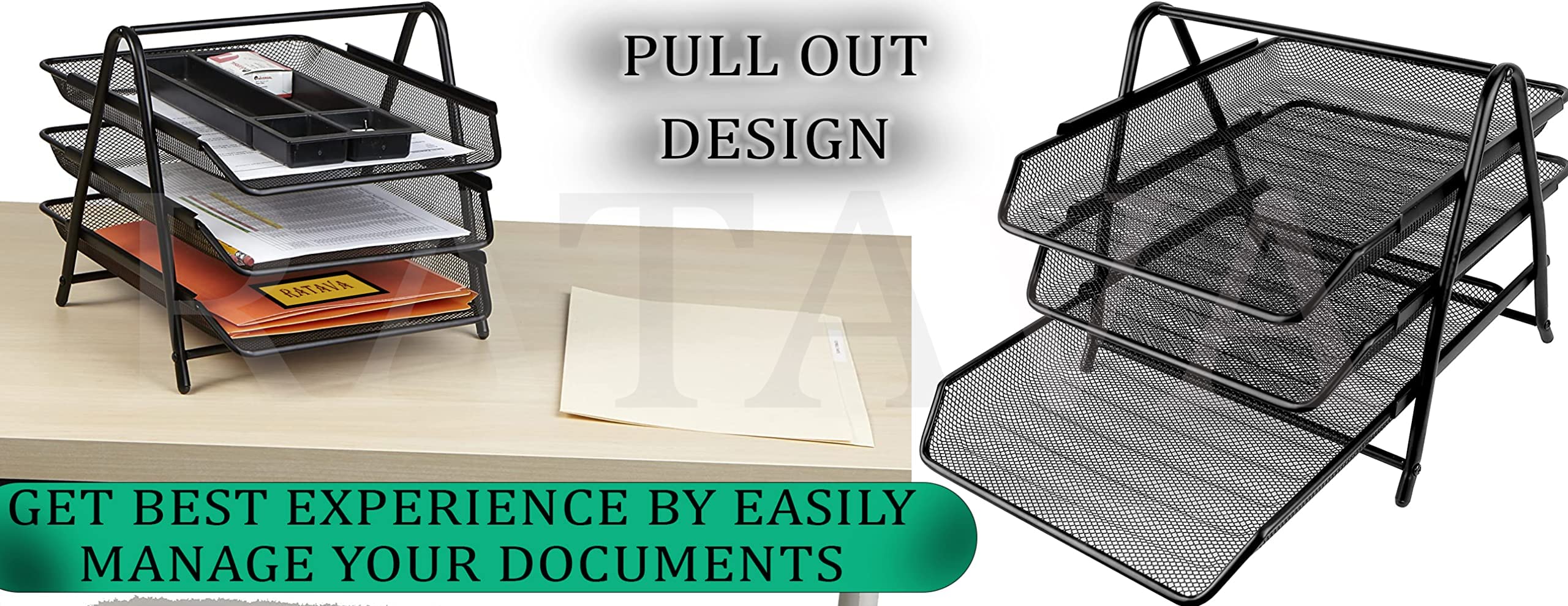 VIO 3 Tier Document, File, Paper, Letter, Office, Desktop Tray Organizer 3 Desk File Tray, 3 Tier Metal Mesh A4 Files Documents Papers Folders Holder Desk Organizer –(Black)