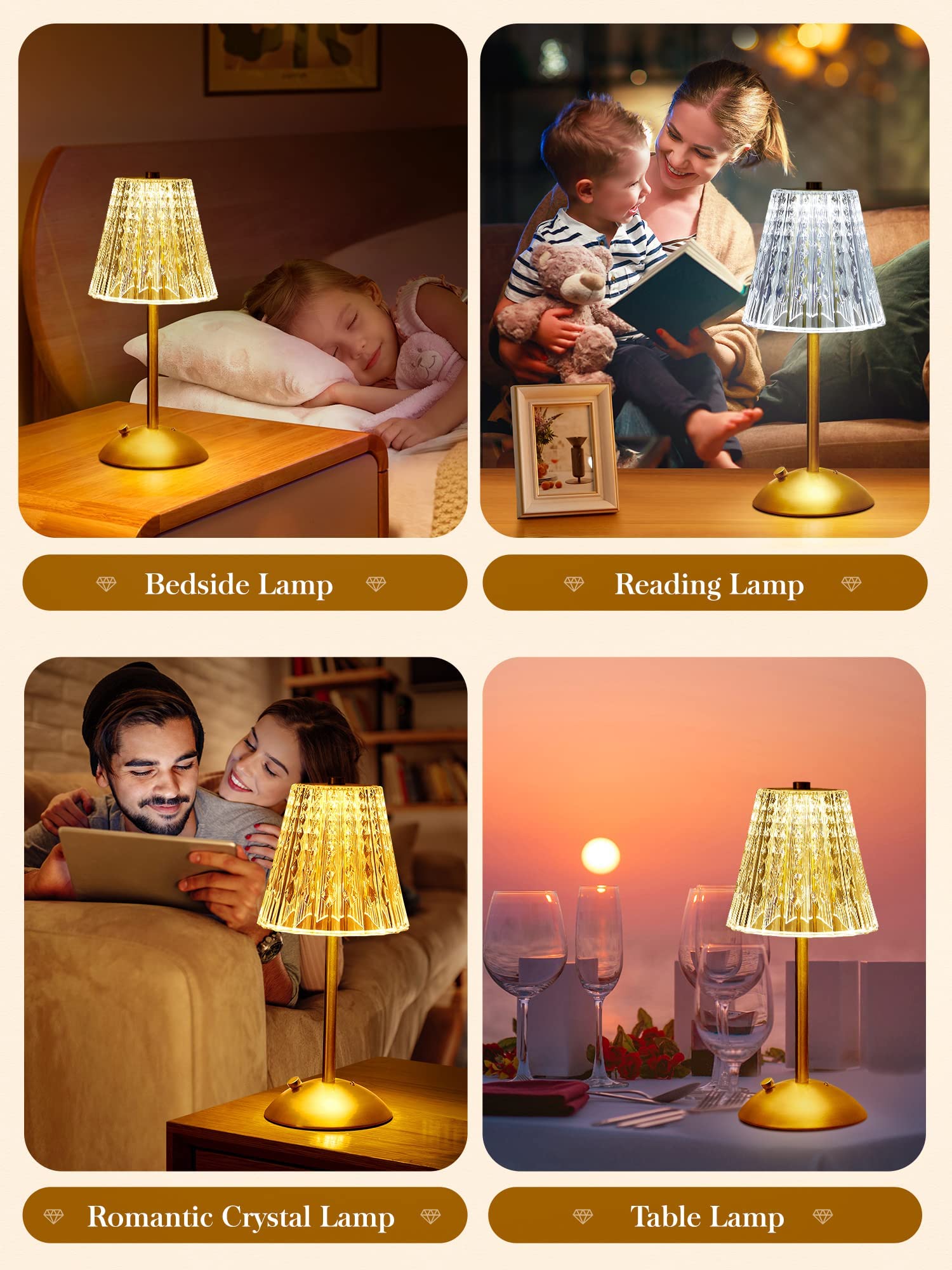 VIO Table Lamps, Dimmable Crystal Table Lamp, 3 Colors LED Rose Lamp Diamond Crystal Lamp, Rechargeable Touch Lamp Small Lamp, Bedside Lamp Nightstand Lamp for Bedroom Living Room Dinner Bar