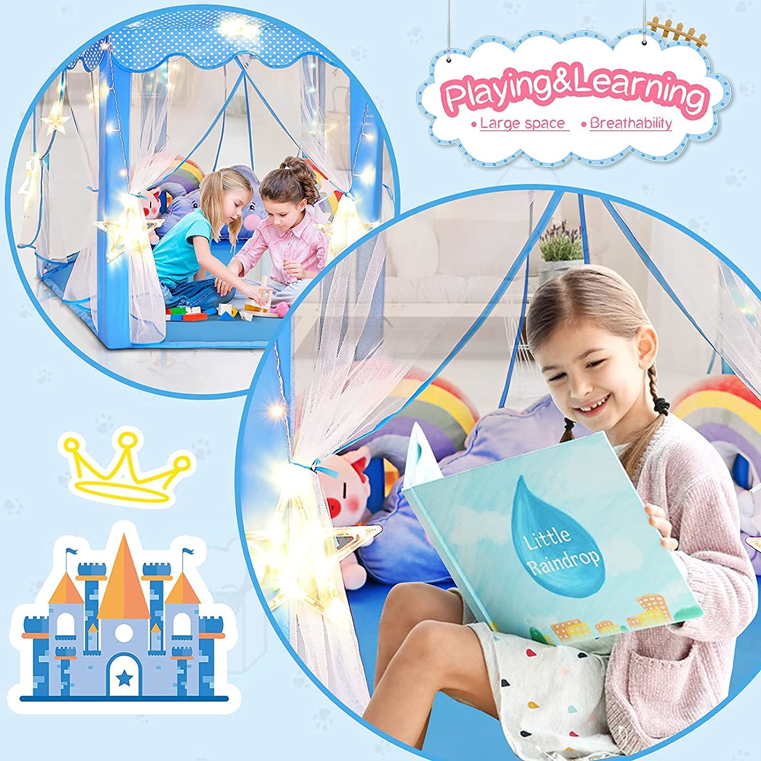 VIO Princess Castle, Play Tent, Large Kids Tent, Hexagonal Kids Playhouse for Indoor & Outdoor Use, Size 120cm * 120cm