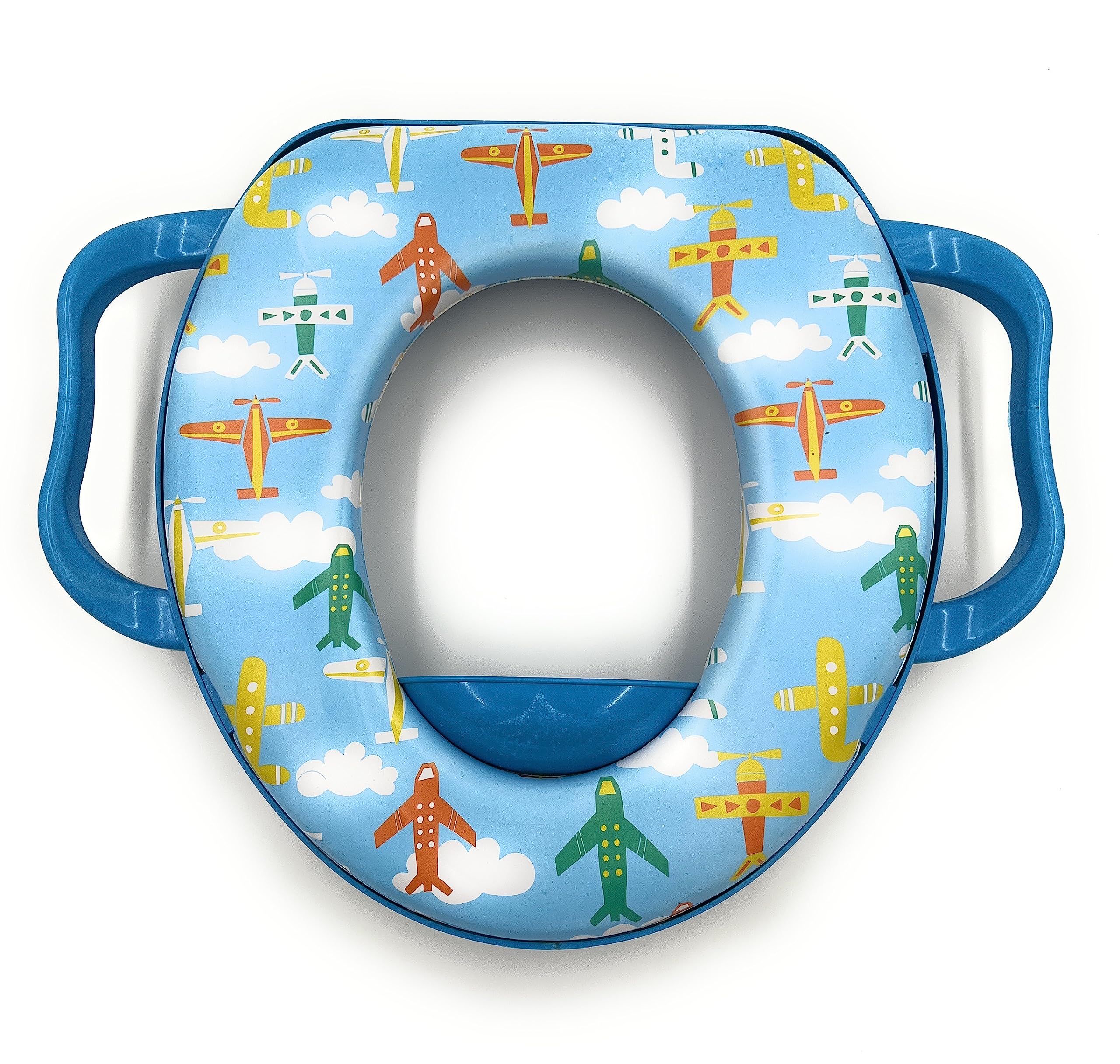 VIO Cushioned Children's Toilet Seat, Baby, Toddler, Child, Kids Adapter Toilet Seat with Handles, Potty Training Seat for Western Toilet, for Boys & Girls, Fits Round & Oval Toilets (Blue Printed)