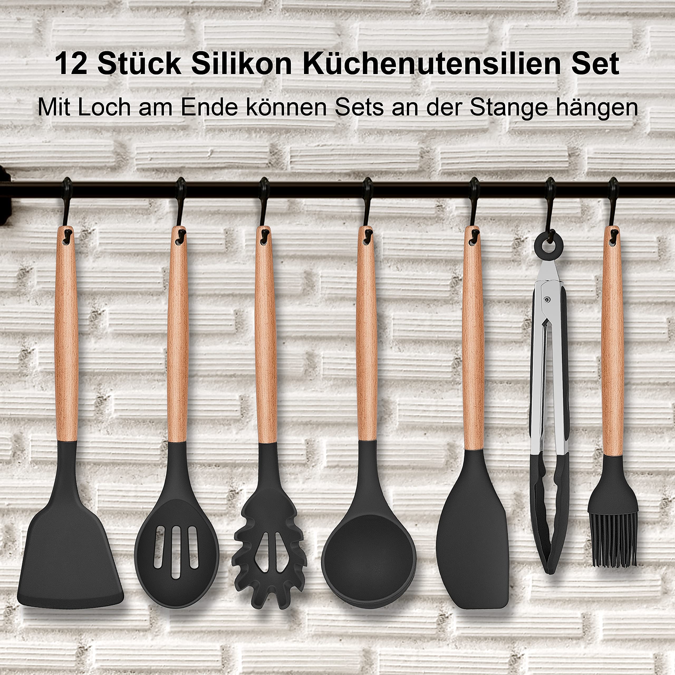 VIO Kitchen Utensil Set,12 Piece Cooking Utensils Set, Heat Resistant Cookware Set with Wooden Handle, Non-Stick Kitchen Utensils, Kitchen Set with Holder, Spatula Set with Spatula Tongs (BLACK)